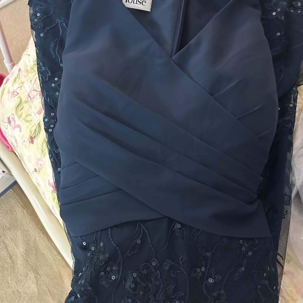 JJs House Navy formal dress w/stunning pleated top & embroidered sequins